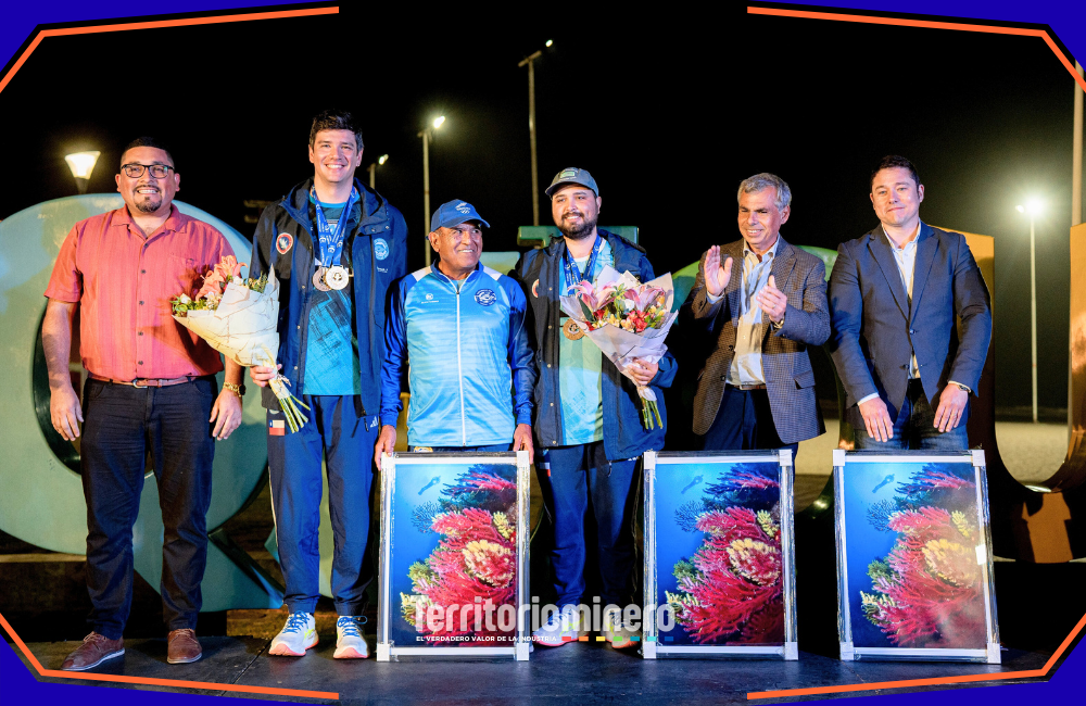 De Iquique al mundo: deportistas logran oro y bronce con respaldo de Collahuasi Pablo Guerrero y Alfredo Castro, campeones mundiales de fotografía submarina, junto a representantes de Collahuasi en Playa Brava, Iquique.