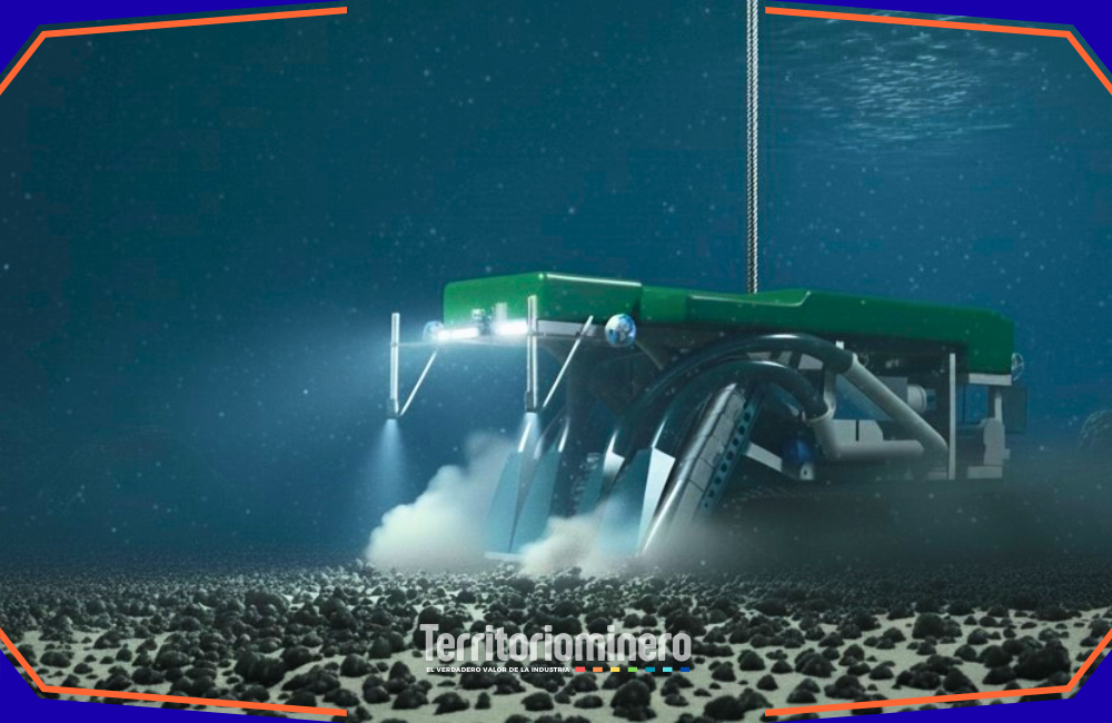 Minería submarina: la nueva frontera de los metales críticos y lo que está en juego para Chile Vehículo submarino recolector de nódulos polimetálicos operando en aguas profundas durante pruebas de minería submarina.