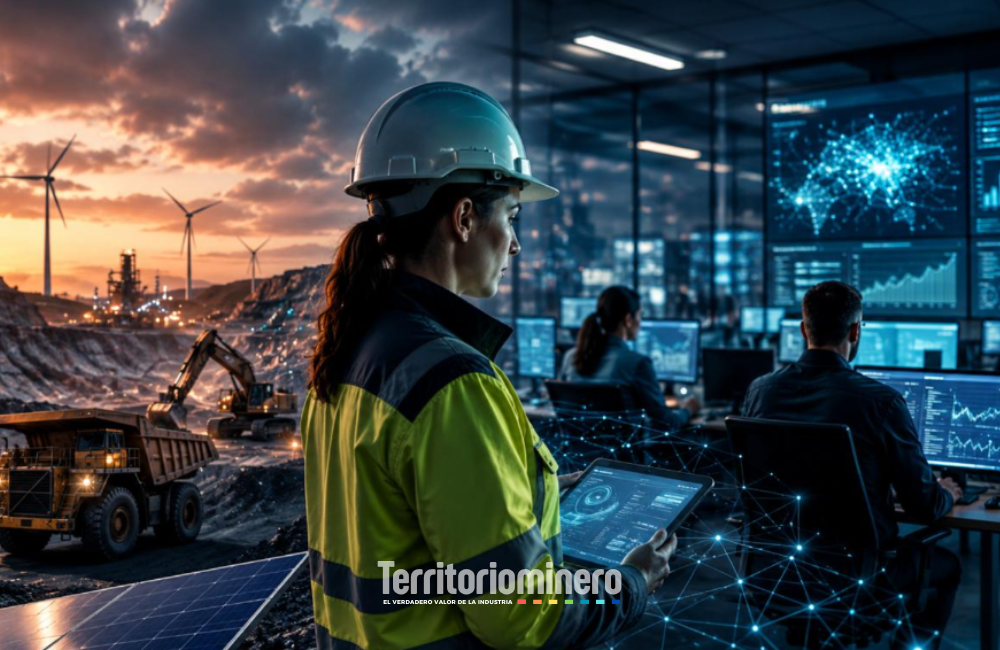 Minería, energía e IA desafían el desempleo con alta demanda de talento Profesionales mineros y tecnológicos analizan datos e inteligencia artificial aplicada a minería y energía.